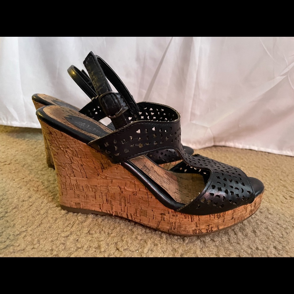 2 Lips Too Black Wedge Sandal with Cork Sole - Size 8